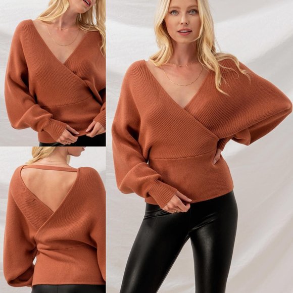 Love Tree Sweaters - NEW Rust Wrap V Neck Dolman Sleeves Cozy Sweater